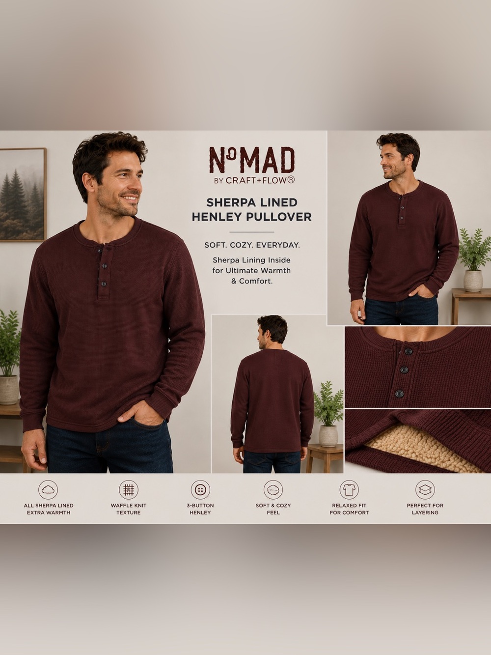 N°MAD Men’s Burgundy Sherpa Lined Waffle Knit Henley Pullover Size L NWT